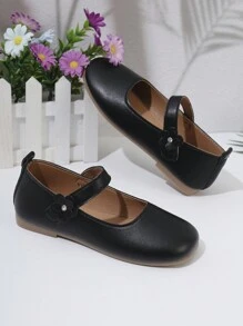 1 Pair Girls Flat Shoes, PU Flower Hook And Loop Adjustable Size Design Round Toe TPR Non-Slip Lightweight Comfortable Solid Color Fashion Ballet Flats, Suitable For 5-14 Years Old Elementary & Middle School Students, For Home, School, Holidays And Performances - Black - View 4