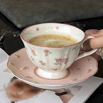 1套粉色兔子印花杯碟套装，ins风女性化下午茶甜品杯碟套装，茶会杯碟套装，可爱咖啡杯碟套装，适合甜品店，咖啡厅，茶馆