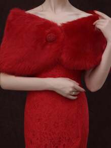 1 件纯色蓬松肩披，带仿珍珠纽扣，用途广泛，适合婚礼、派对、保暖防风万圣节秋季女士服装 - 紅色 - 查看 9