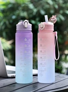 1 pieza Botella de color degradado y escarcha de 750ml, botella deportiva escolar con horario de bebida diario de moda, a prueba de fugas, ideal para camping al aire libre, ciclismo, fitness y regalo para hombres/mujeres, botella de agua