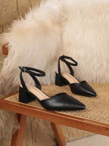Women's Black Pointed Toe Chunky Heel Pumps, Elegant Pointed Toe Formal High Heel Shoes, Fashion Ankle Strap Open Toe High Heels