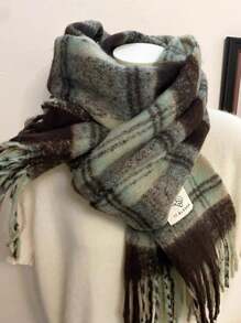1 件薄荷绿格子围巾，温暖仿羊绒混纺围巾，英式冬季配饰