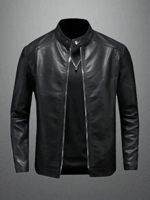 男友风男士仿皮夹克，防风，秋季休闲运动外套 - 黑色 - 查看 2