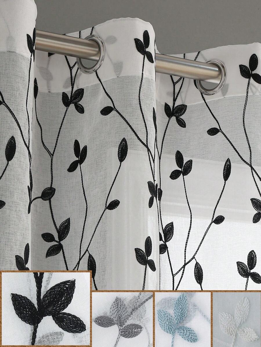 1 件绣花薄纱窗帘,黑白,滤光,索环顶部,半透明,适合厨房、家庭或办公室使用,纯色,简约、现代、农舍风格,适用于卧室、客厅 - 黑色 - 查看 1