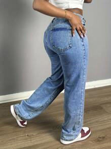 Chicsale Women's Straight Leg Denim Pants - Elegant Wide Leg Floor-Length Jeans With Button & Zipper, Relaxed Fit Casual Trousers For Everyday Outings - 中等水洗藍 - 查看 5