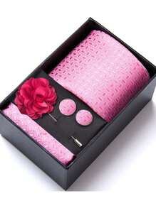 AlanKing 1 set de corbata, pañuelo de bolsillo, gemelos y broche con diseño de flor dorado para hombre, para fiestas/festivales