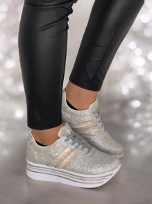 MUJER ZAPATILLAS DEPORTIVAS CON CORDONES TENIS DE PLATAFORMA GLITTER BRILLOS FIESTA DIAMANTE IMITACION BODA XV AÑOS PLATEADOS ELEGANTES LUJO - Plateado - Ver 4