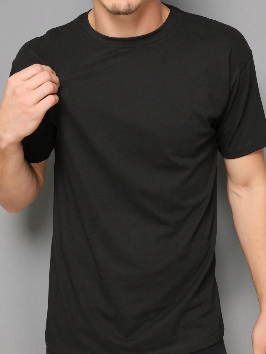 Men's 100% Cotton Basic Short Sleeve Summer T-Shirt - Black - View 1