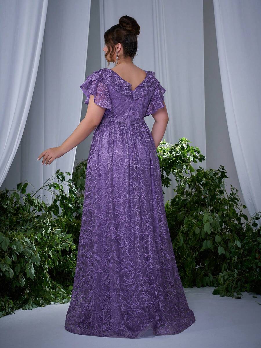 Square Neck Embroidered Lace Ruffle Trim HighEnd Evening Dress for