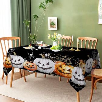 1 stuk Halloween/Thanksgiving pompoen & zwart tafelkleed, waterbestendig en vlekbestendig decoratief doek geschikt voor eettafel, picknick, feest, binnen- en buitengebruik, verschillende maten beschikbaar