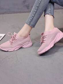 Zapatillas deportivas de mujer tejidas con mosca, zapatillas para correr de malla transpirable, zapatillas casuales ligeras y cómodas - Rosa - Ver 3