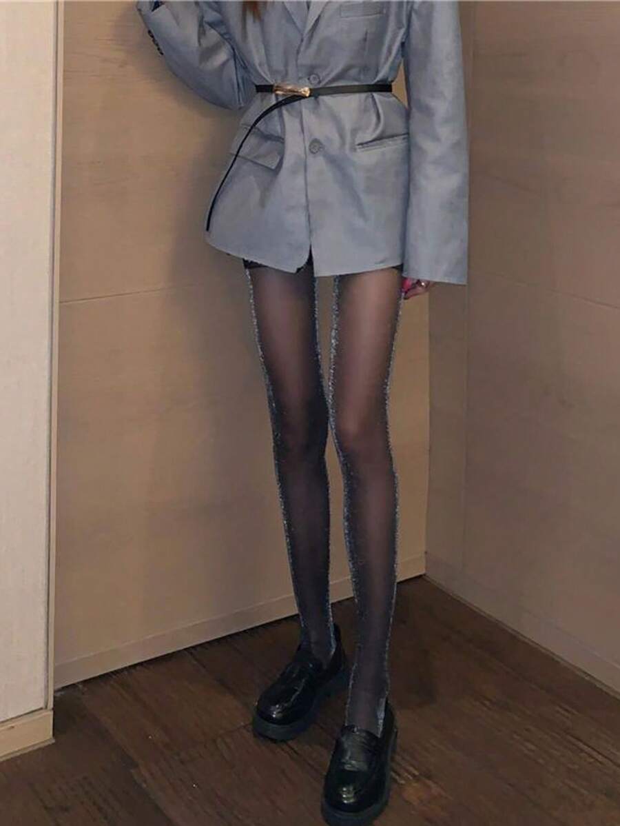 Silver Glitter Sheer Pantyhose With A Slimming Effect Design, Suitable For Women Under 130lbs - Black - View 1