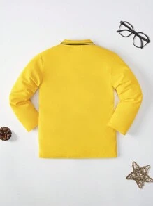男孩黃色長袖 Polo 衫，騎士刺繡條紋領學院風上衣，適合返校季、日常穿著，秋冬款 - 黃色 - 查看 2