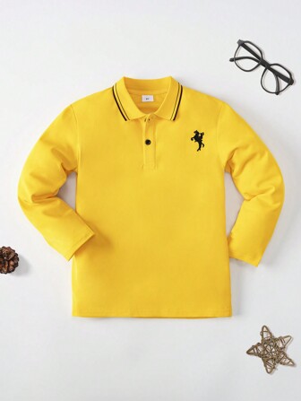 Ung pojke Klassisk Casual Kids Riddarbroderi Kontrasttrimmad långärmad pikétröja, lämplig för dagligt bruk, resor, fest och utomhusaktiviteter