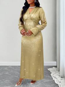 金色闪亮面料，缎面女式礼服长袍，连体服，婚宴礼服，外出服，冬季礼服，Omen 长袍，针织朴素长袖连衣裙 - 香檳色 - 查看 2