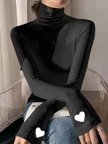 Women's Spring & Summer Long Sleeve Fitted Heart Pattern High Neck Tee - Black - View 1