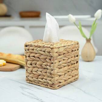 1pc Square Water Hyacinth Tissue Box, Tissue Paper Holder, Tissue Dispenser Box, Farmhouse Style