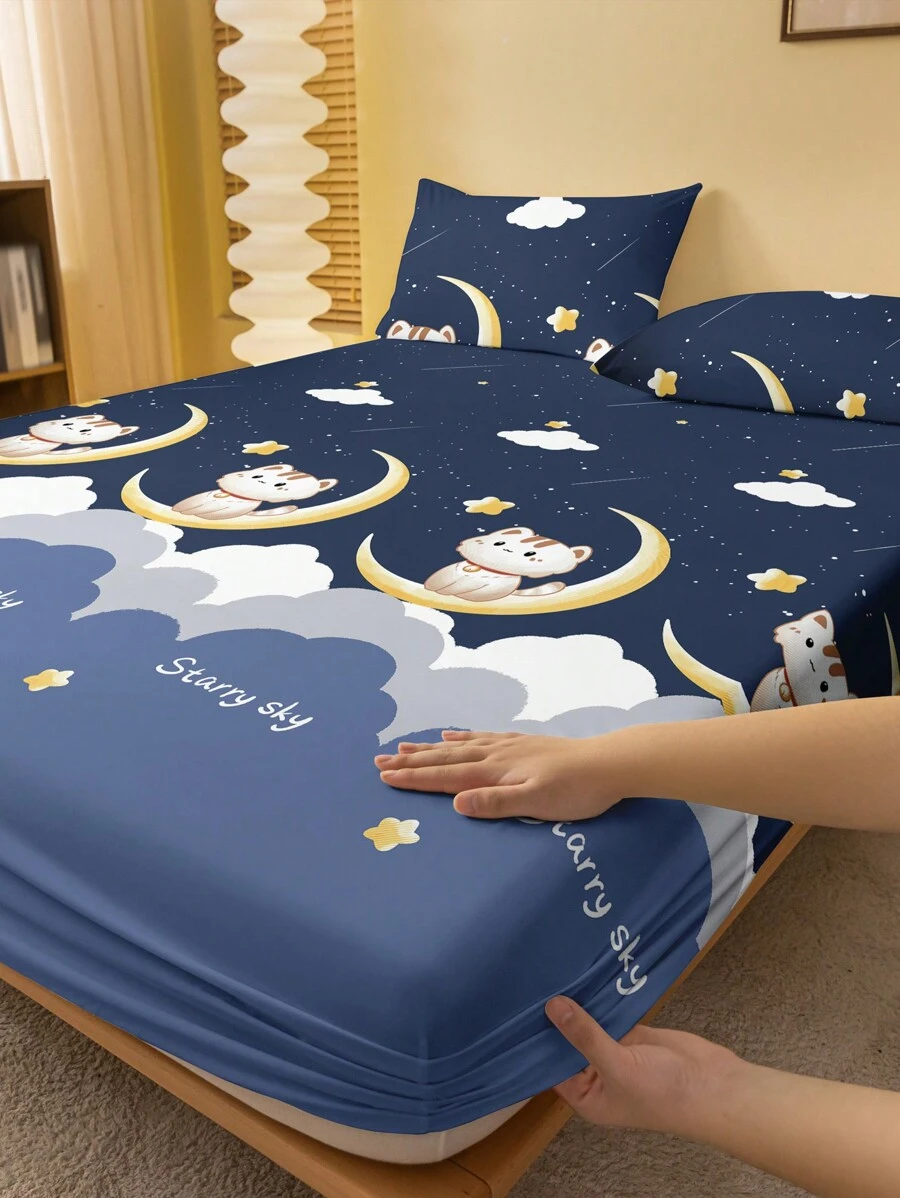 1pc Minimalist Modern Star, Moon & Kitten Pattern Printed Brushed Fitted Sheet, Bedroom Printed Bed Cover, Bedding (Pillow Case Not Included) - Multicolor - View 1