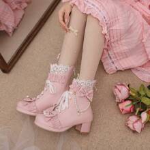 Kawaii Shoes For Women,Goth Lolita Platform Boots,Bow Ankle Boots Cute Sweet Cosplay Shoes - Hồng - Xem 3