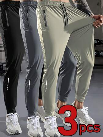 3-pack herrbyxor i enfärgat, dragsko i midjan, dragkedja, resår, sport, fitness, löpning, utomhus, casual, långbyxor med reflexdetaljer, vår/sommar