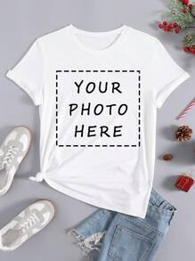 Customized Personalized T-Shirt - Add Your Own Text/Images (Badge, Company Logo, Family Photo, Selfie) To Design Your Own Printed T-Shirt, Add Your Favorite Photos And Text (Girlfriend, Couple, Family, Selfie, Pet, Friend Photos) For Personalized Printed T-Shirt, Suitable For (Anniversary, Wedding Vow, Engagement, Becoming A Couple), Suitable For Best Friend/Sister Group Customization, Suitable For Daily Wear/Wedding Party/Company Gathering/Family Gathering, Holiday Gift, Mother's Day, Father's Day,Chic Autumn, Utilitarian Chic, Fall New Style Women, Graphic Print,Casual Wear SS - White - View 1