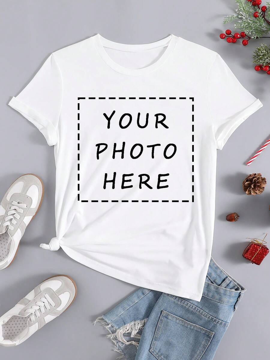 Customized Personalized T-Shirt - Add Your Own Text/Images (Badge, Company Logo, Family Photo, Selfie) To Design Your Own Printed T-Shirt, Add Your Favorite Photos And Text (Girlfriend, Couple, Family, Selfie, Pet, Friend Photos) For Personalized Printed T-Shirt, Suitable For (Anniversary, Wedding Vow, Engagement, Becoming A Couple), Suitable For Best Friend/Sister Group Customization, Suitable For Daily Wear/Wedding Party/Company Gathering/Family Gathering, Holiday Gift, Mother's Day, Father's Day,Chic Autumn, Utilitarian Chic, Fall New Style Women, Graphic Print,Casual Wear SS - White - View 1