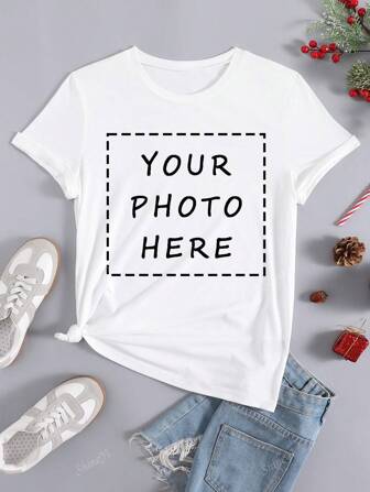 Cadeau personnalisé personnalisé pour Thanksgiving, Noël, T-shirt personnalisé pour femme - Ajoutez votre propre texte/image (graphique d'insigne/logo d'entreprise/photo de famille/selfie) pour concevoir votre propre T-shirt imprimé personnalisé, cadeau pour petite amie, chemise de couple, photo de couple/selfie Chiots, chatons, style ornemental, mode, hipster, contracté, confortable, déguisement facile, mode modeste, mode unique de Noël, unique, personnalisé, costume Belle, famille, amis, filles roses, pour les vacances, pour les anniversaires, ambiance vacances