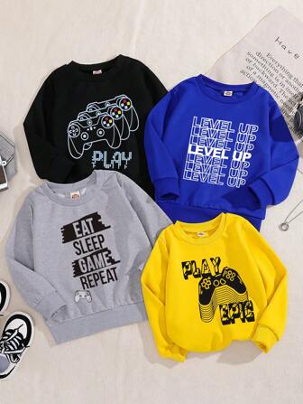Young Boy 4pcs/Set Graphic Print Crew Neck Sweatshirts, Spring & Autumn