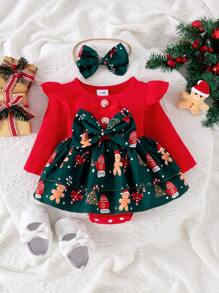 2pcs/Set Baby Girl Christmas Elements Snowflake, Candy Cane, Gingerbread Man, Christmas Tree Ribbed Layered Ruffle Bodysuit With Headband - Red - View 1