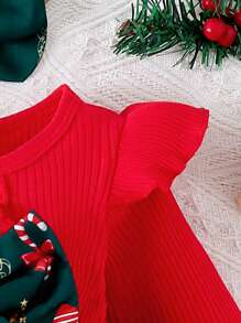 2pcs/Set Baby Girl Christmas Elements Snowflake, Candy Cane, Gingerbread Man, Christmas Tree Ribbed Layered Ruffle Bodysuit With Headband - Red - View 4