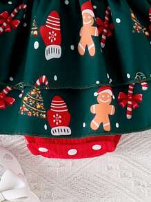 2pcs/Set Baby Girl Christmas Elements Snowflake, Candy Cane, Gingerbread Man, Christmas Tree Ribbed Layered Ruffle Bodysuit With Headband - Red - View 5