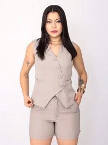 Women's Vest And Shorts Set In Luís Twill Fabric - Pearl - View 1