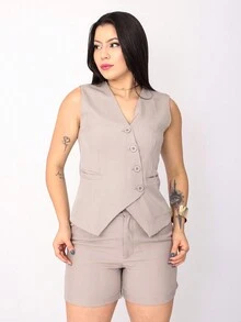 Women's Vest And Shorts Set In Luís Twill Fabric - Pearl - View 4