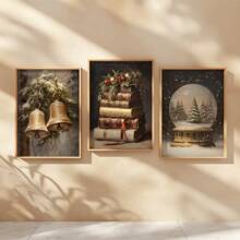 Conjunto de 3 impresiones de arte de pared rústico navideño, pósters de lienzo navideños, bola de nieve del árbol de Navidad, campanas de cascabel, arte de libro pintura al óleo vintage, decoración de Academia Oscura, decoración de invierno, regalos navideños para dormitorio, sala de estar, pasillo, decoración del hogar, sin marco