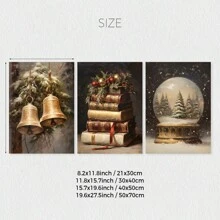 Conjunto de 3 impresiones de arte de pared rústico navideño, pósters de lienzo navideños, bola de nieve del árbol de Navidad, campanas de cascabel, arte de libro pintura al óleo vintage, decoración de Academia Oscura, decoración de invierno, regalos navideños para dormitorio, sala de estar, pasillo, decoración del hogar, sin marco