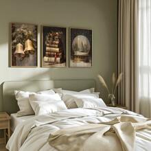 Conjunto de 3 impresiones de arte de pared rústico navideño, pósters de lienzo navideños, bola de nieve del árbol de Navidad, campanas de cascabel, arte de libro pintura al óleo vintage, decoración de Academia Oscura, decoración de invierno, regalos navideños para dormitorio, sala de estar, pasillo, decoración del hogar, sin marco