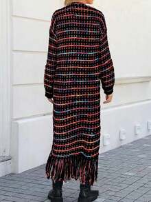 Women's Long Sleeve Knit Cardigan With Tassel Details, Stretchy Long Design - Multicolor - View 2
