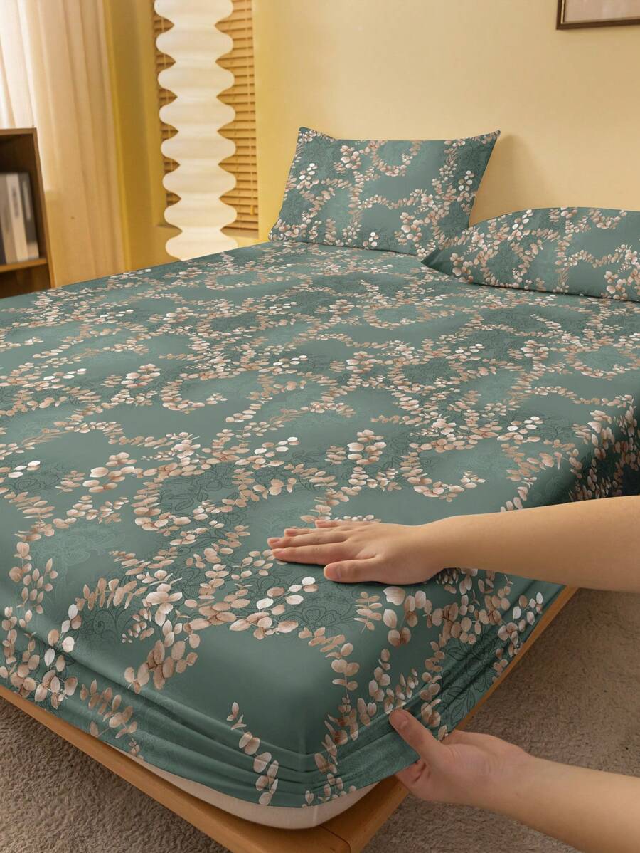 1pc  Plant Floral Leaf Pattern Printed Washed Fitted Sheet, Floral Patterned Bedcover For Bedroom (Pillow Case Not Included) - Multicolor - View 1