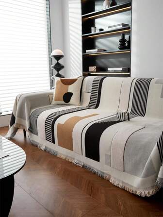 1pc Polyester Chenille Bohemian Style Painting Pattern Sofa Cover Blanket, Pet Friendly, Anti-Scratch, Non-Slip, Machine Washable, For Bedroom, Office And Home Decor, 4-Season Use