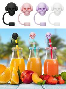 1pc/4pcs Skeleton Head Silicone Straw Cover Caps For 30&40 Oz Tumbler, 10mm Straw Toppers, Reusable Straw Covers, Dustproof Straw Caps, Simple Straw Tip Lids, Holiday Gifts, Trick Or Treat Halloween Parties Small Gifts, Spooky Scary Horror Creepy Dark Skull Straw Cover Caps, Halloween Cup Decorations Accessories - Multicolor - View 5