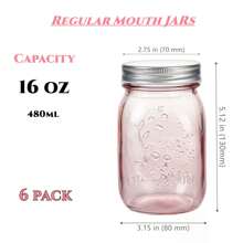 16 Oz Rose Pink Mason Jars With Lids, 6 Pack Regular Mouth Quart Canning Jar, Safe For Storage, Canning, Pickling, Preserving, Fermenting, DIY Crafts & Decor - Hồng - Xem 2