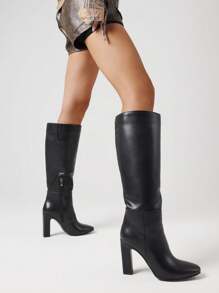 Women Knee High Boots Zip Chunky High Heeled Luxury Sexy Winter Fashion Elegant Shoes For Woman - 黑色 - 查看 3