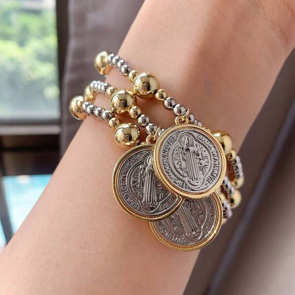 1 pieza, pulsera con colgante religioso de Jesús y la Virgen María, pulsera de bolas redondas con cuentas bañadas en oro de 18K, accesorio de moda para mujeres