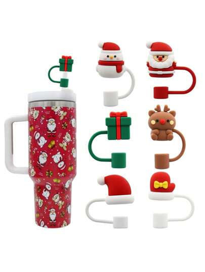 圣诞主题可爱可重复使用硅胶吸管盖，玻璃杯吸管配件，防溅趣味吸管盖适合 0.4 英寸/10 毫米吸管