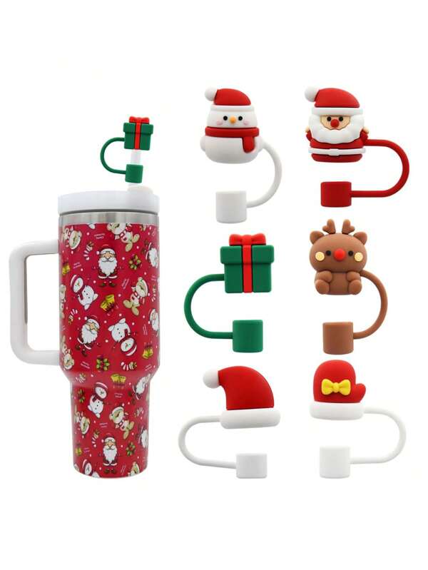 Coperchi decorativi natalizi in silicone riutilizzabili per cannucce, accessori per cannucce da bicchiere, antispruzzo, divertenti coperchi per cannucce adatti per cannucce da 0,4 pollici/10 mm