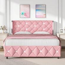 Twin/ Full/ Queen/ King Size Bed Frame, Upholstered Bed Frame With Diamond Headboard And Footboard, No Box Spring Needed With Wood Slat Support, Easy Assembly, Twin Bed Frame/  Full Bed Frame/ King Bed Frame, Black/ Pink/ White/ Purple/ Blue/ Green - 粉色 - 查看 6