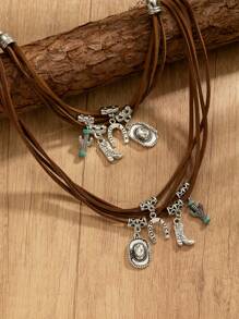 2pcs Bohemian Vintage Cowgirl Style Brown Waxed Alloy Cowboy Hat, Horseshoe Boots, Cactus Multi-Layer Adjustable Ladies Jewelry Gift Set - Multicolor - View 2