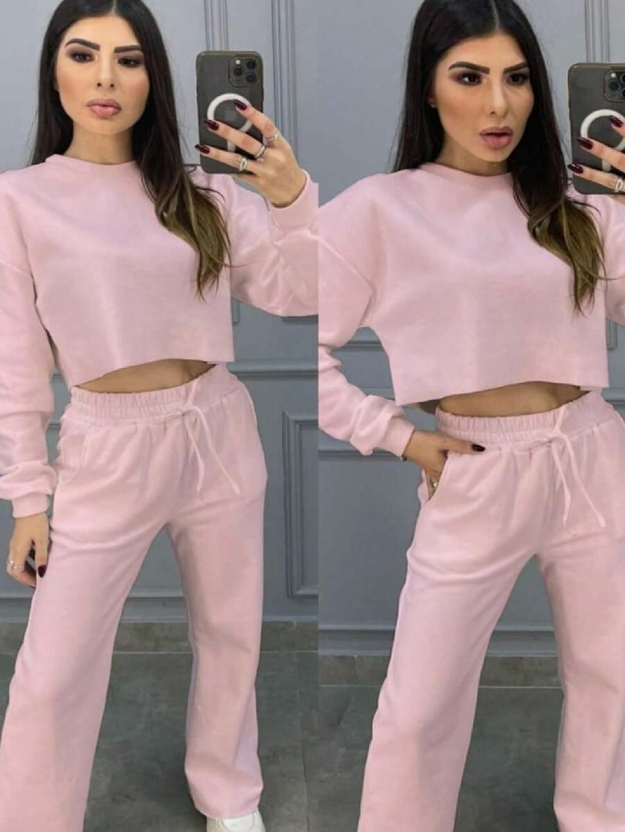 Women's Set: Palazzo Pants + Long Sleeve Crop Top In Fleece | Trend, Elegance And Modernity - Màu Hồng baby - Xem 1
