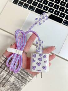 5 pièces Ensemble d'accessoires de charge avec design en forme de cœur violet - Adaptateur de chargeur 20W/18W, protecteur de câble de charge, boîtier de protection de la tête de charge, compatible avec les chargeurs 11 12 13 14 15 16