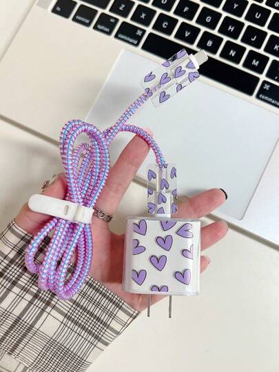 Set de 5 piezas de cargador de teléfono de 20W/18W con diseño de corazón morado, protector de cable de carga, estuche protector de cargador, compatible con iPhone 11 12 13 14 15 16 17